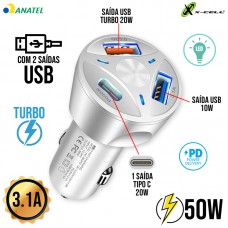 Carregador Veicular Turbo 50W Tipo C + 2 USB XC-V18USB X-Cell - Branco